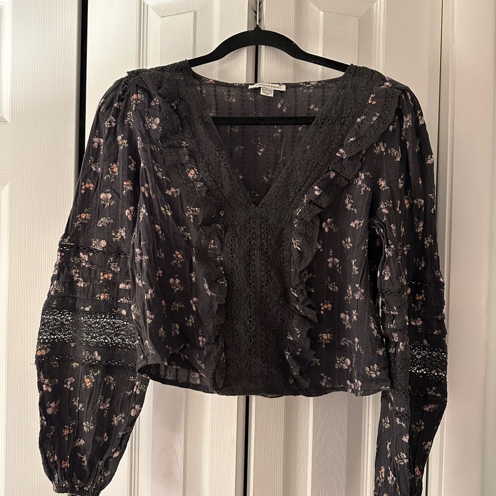 American Eagle Outfitters Black Floral Blouse with Lace Detail